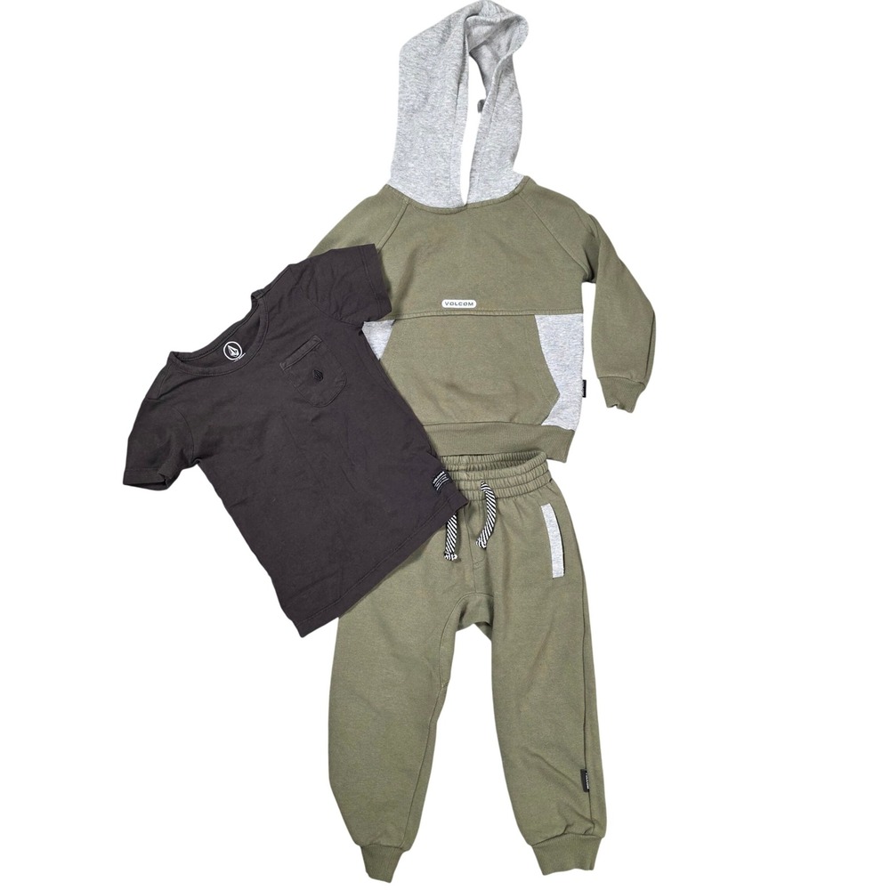 Volcom 3-Piece Outfit Set Toddler Boys 3T Green Gray Black Fair Hoodie Tee Pants